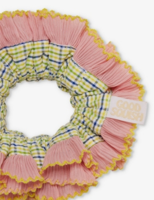 Good Squish Womens  Curious Kids Check-pattern Cotton Hair Scrunchie In Yellow Green