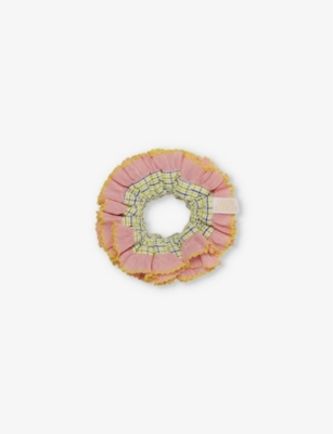 Good Squish Womens  Curious Kids Check-pattern Cotton Hair Scrunchie In Yellow Green