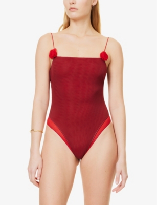 Rose floral-appliqué stretch-mesh swimsuit