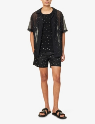 OSEREE MENS BLACK GEM-EMBELLISHED CREWNECK WOVEN TOP 