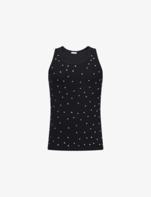 OSEREE MENS BLACK GEM-EMBELLISHED CREWNECK WOVEN TOP 