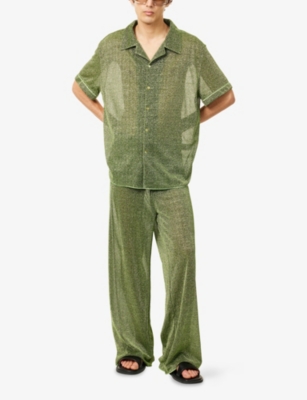 OSEREE: Metallic-Weave Short-Sleeves Woven Bowling Shirt