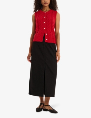 OMNES WOMENS BLACK OLIVE SPLIT-HEM DENIM MIDI SKIRT 