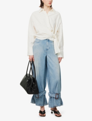 JW ANDERSON: Buckled-Cuff Brand-Patch Wide-Leg Mid-Rise Denim Jeans