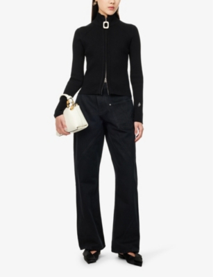 Shop Jw Anderson W Anderson Womens Black Ribbed High-neck Stretch-cotton Blend Cardigan Xs