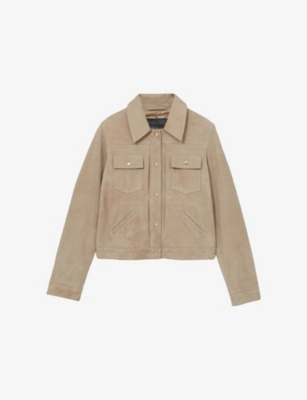 Reiss Womens Neutral Patch-pocket Regular-fit Suede Trucker Jacket