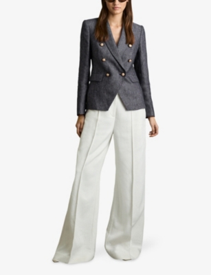 REISS WOMENS NAVY BAKER PEAK-LAPEL DOUBLE-BREASTED LINEN AND COTTON-BLEND BLAZER 