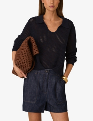Reiss Womens Indigo Ashby Contrast-stitch Mid-rise Linen Shorts