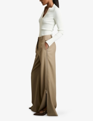 Reiss Womens Sage Green Side-zip Wide-leg Stretch-woven Trousers