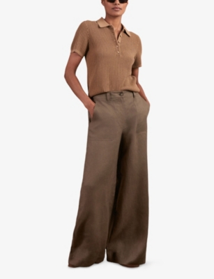 Reiss Womens Chocolate Brown Ashby Wide-leg Linen Trousers In Brown