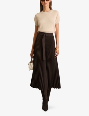 Reiss Womens Ava Pleated Belted Woven Midi Skirt Chocolate Brown In Chocolate Brown
