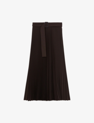 REISS: Ava Pleated Belted Woven Midi Skirt