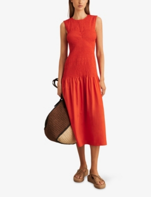 Reiss Womens  Annabel Shirred Cotton Midi Dress In Red
