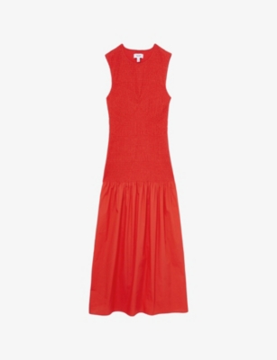 Reiss Womens  Annabel Shirred Cotton Midi Dress In Red