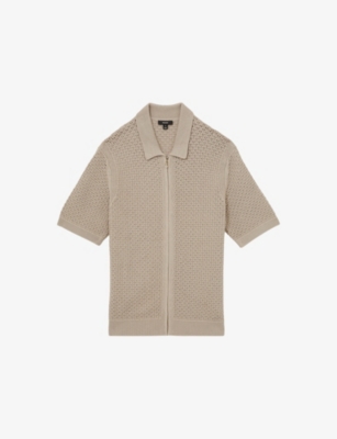 Reiss Mens  Comet Textured Stretch-cotton Knitted Shirt In Stone