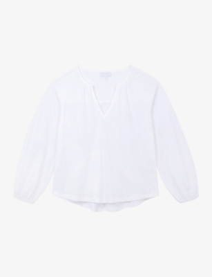 The White Company S Notch-neck Long-sleeve Cotton-jersey Blouse White In White