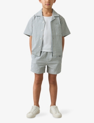 REISS: Sensei Stripe-Print Cuban-Collar Seersucker Shirt 9-13 Years