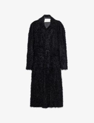 CARVEN WOMENS BLACK BELTED THREADS-EMBELLISHMENT RELAXED-FIT WOVEN COAT 