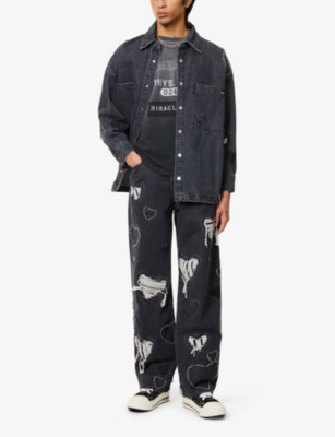 NAHMIAS: Heart Patchwork ripped straight-leg denim jeans