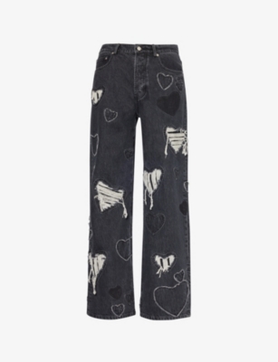NAHMIAS: Heart Patchwork ripped straight-leg denim jeans