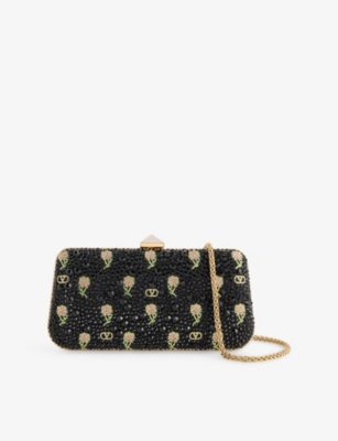VALENTINO GARAVANI: Carry Secrets Rhinestone Minaudiere Leather Clutch Bag