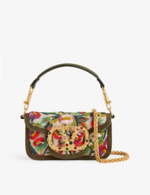 Valentino Womens  Garavani Loco Small Embroidered Linen Shoulder Bag In Nat-multic Green/deep