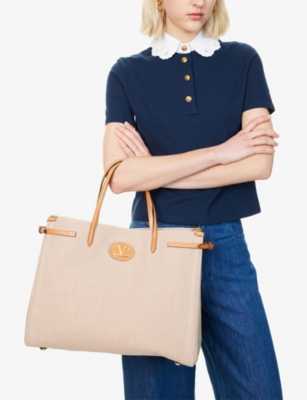 VALENTINO GARAVANI WOMENS NATURALE-TOBACCO/ CAMEL ANTIBES LARGE COTTON CANVAS TOTE BAG 