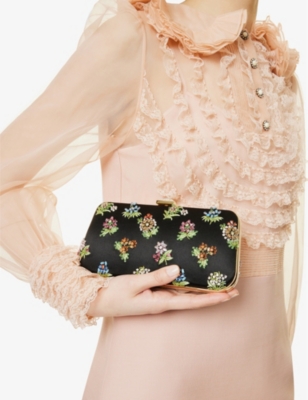 VALENTINO GARAVANI WOMENS NERO-MULTICOLOR/CRYSTAL FLOWER BEAD-EMBELLISHED SILK-BLEND MINAUDIÈRE CLUTCH BAG