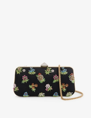 VALENTINO GARAVANI WOMENS NERO-MULTICOLOR/CRYSTAL FLOWER BEAD-EMBELLISHED SILK-BLEND MINAUDIÈRE CLUTCH BAG