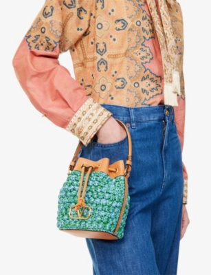 VALENTINO GARAVANI: VLogo Signature Mini Crochet Raffia Bucket Bag