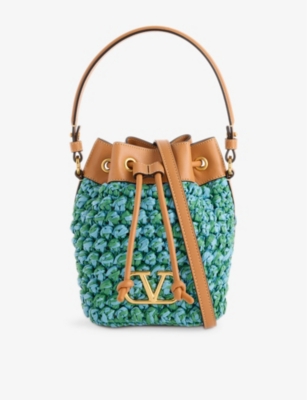 VALENTINO GARAVANI: VLogo Signature Mini Crochet Raffia Bucket Bag