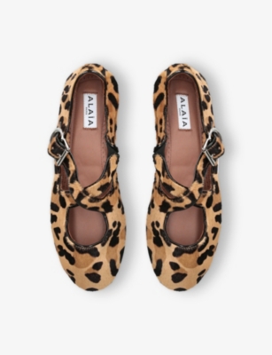 Shop Alaïa Womens Brown/oth Leopard-pattern Criss-cross Brushed Flats Eur 38/5 Uk