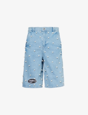 Msftsrep Mens Pearl-embellished Relaxed-fit Denim Shorts Blue