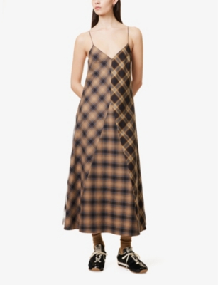 SONG FOR THE MUTE WOMENS MULTI CONTRAST-PANEL BIAS SLIP COTTON MIDI DRESS 