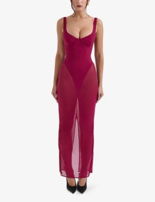 House Of Cb Robina Sheer Mesh Overlay Maxi Cocktail Dress In Wine
