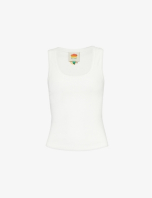 FARM RIO: Sleeveless embroidered-motif stretch-cotton top