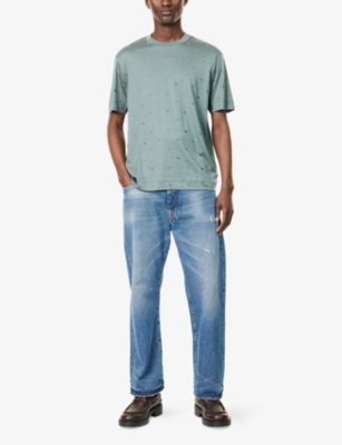 EMPORIO ARMANI: Eagle-Embroidery Crew-Neck Woven-Blend T-Shirt