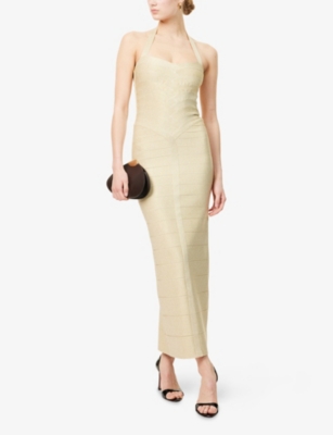 HERVE LEGER: Iris Halterneck Metallic-Knit Gown