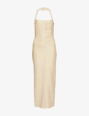 HERVE LEGER: Iris Halterneck Metallic-Knit Gown