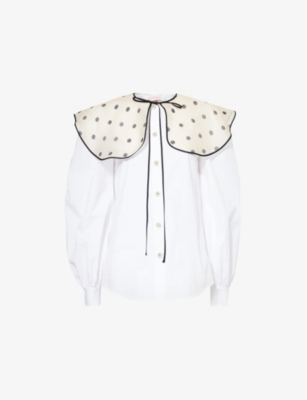 VALENTINO WOMENS BIANCO POLKA-DOT COLLAR LONG-SLEEVE COTTON SHIRT 