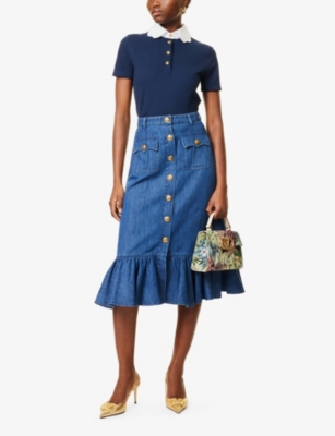 Shop Valentino Womens Medium Blue Denim Front-button Tiered Cotton-linen Blend Midi Skirt