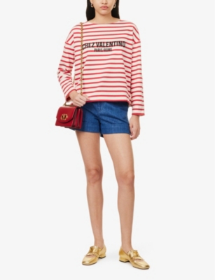VALENTINO GARAVANI: Brand-Patch High-Rise Linen-Blend Denim Shorts