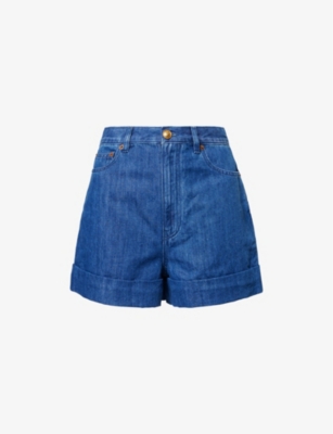 VALENTINO GARAVANI: Brand-Patch High-Rise Linen-Blend Denim Shorts