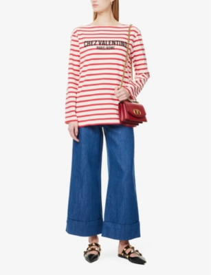 VALENTINO WOMENS VALENTINO GARAVANI BRAND-PATCH BUTTONED-POCKETS WIDE-LEG HIGH-RISE DENIM AND LINEN-BLEND JEAN 