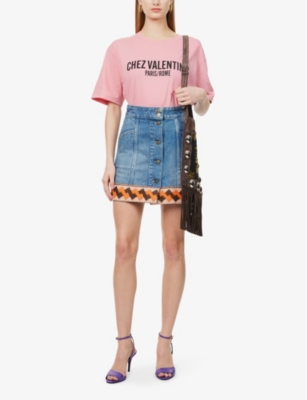 Shop Valentino Womens Medium Blue Denim Embroidered-hem Button-down Mini Denim Skirt