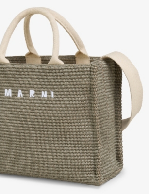 Marni Shopping L Khaki Beige Handles White Logo In Dusty Olive