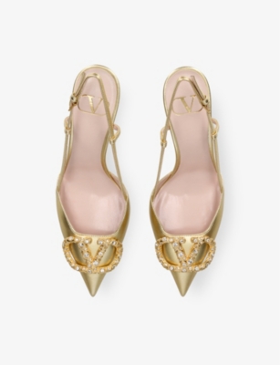 Valentino Womens Gold Comb Vlogo 80 Crystal-embellished Leather Slingback Courts In Gold Comb
