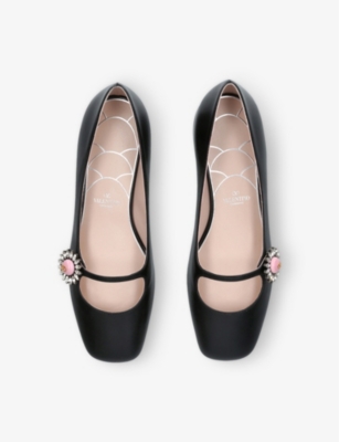 VALENTINO GARAVANI WOMENS BLACK CRYSTAL-EMBELLISHED BUCKLE LEATHER BALLET FLATS