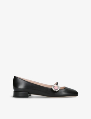 VALENTINO GARAVANI WOMENS BLACK CRYSTAL-EMBELLISHED BUCKLE LEATHER BALLET FLATS