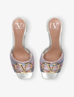 Valentino Womens Vlogo Signature Crochet Metallic Heeled Leather Mules Gold Comb In Gold Comb